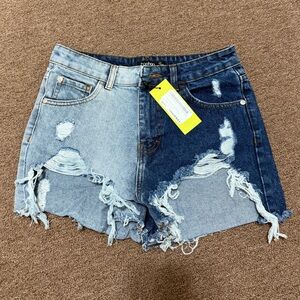 Boohoo Two-Tone Distressed Jean Shorts